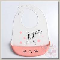 Нагрудник Mum&Baby силиконовый на кнопках с карманом белый/розовый зайка